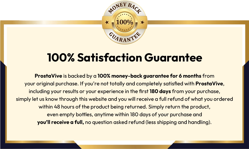 ProstaVive 100% Money Back Guarantee badge — 180 days, no questions asked
